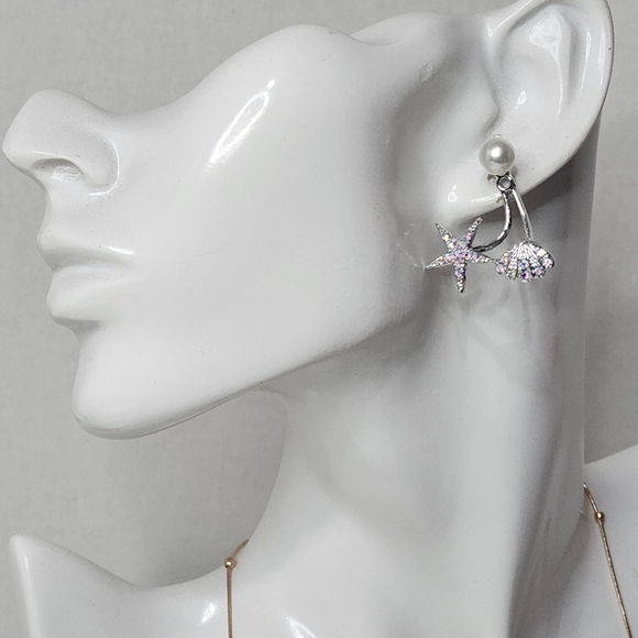 Silver and Iridescent Crystal Starfish and Shell Earrings - Picture 5 of 6